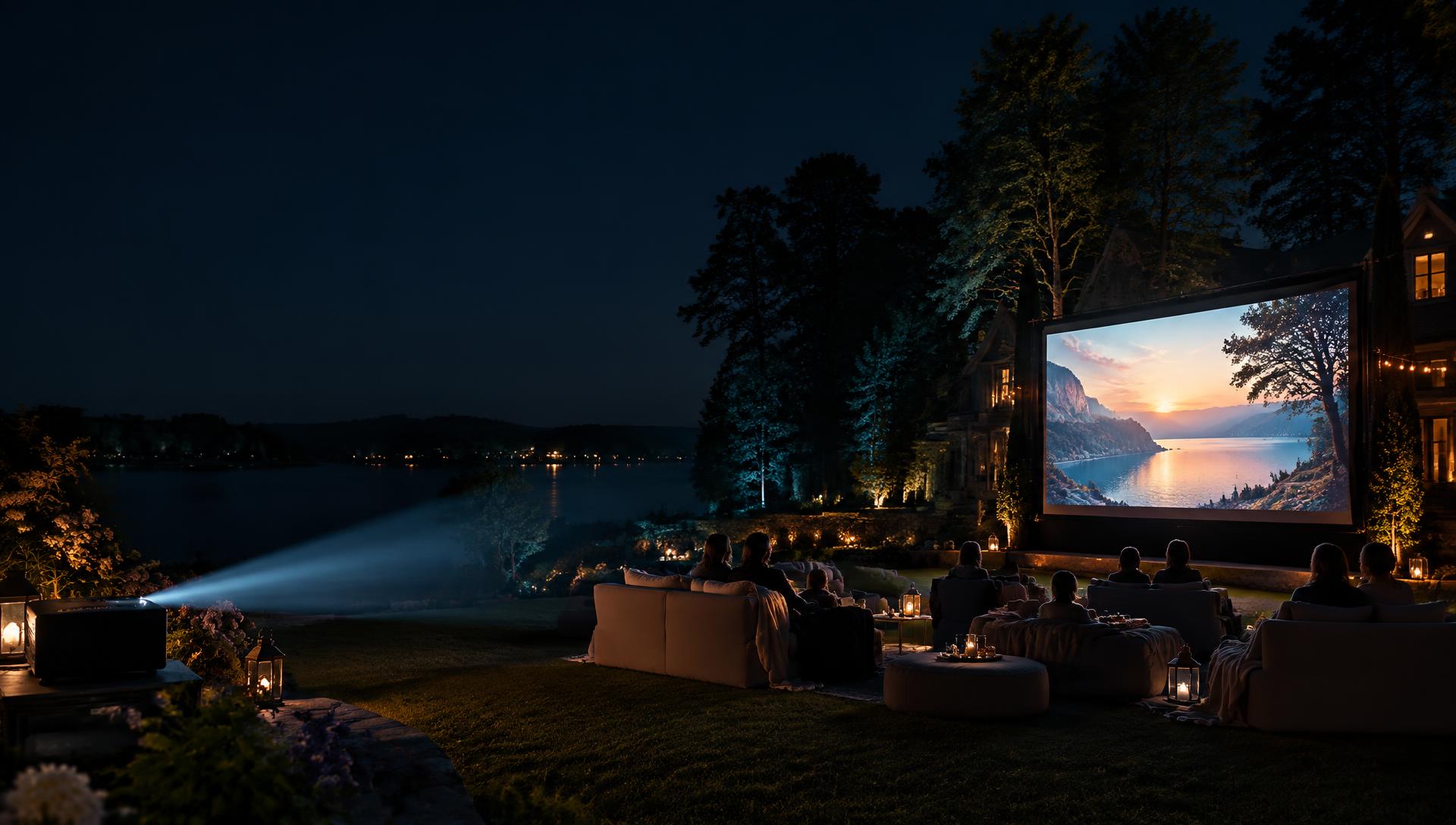 Outdoor movie night with a large cinema screen