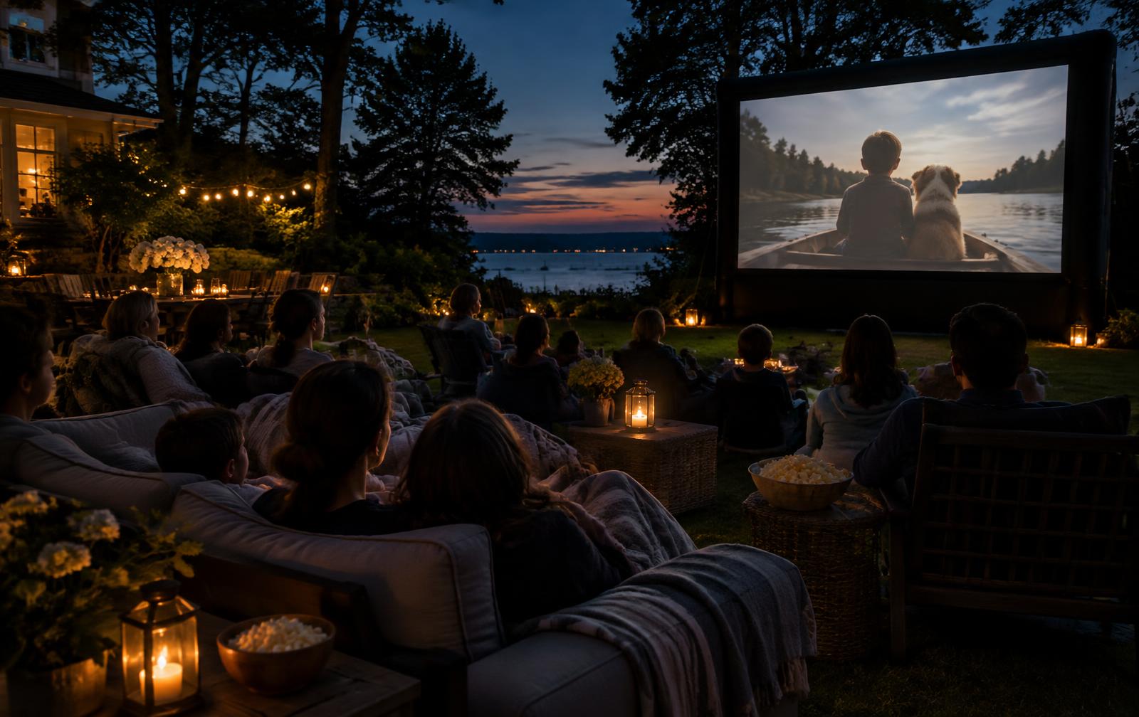 Friends and families enjoying an outdoor cinema event